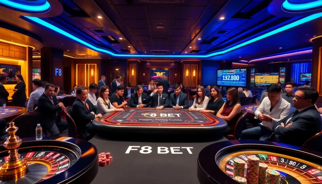 Experience the thrill of F8 BET at a glamorous casino with poker tables and roulette wheels.
