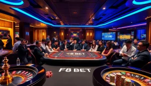 Experience the thrill of F8 BET at a glamorous casino with poker tables and roulette wheels.
