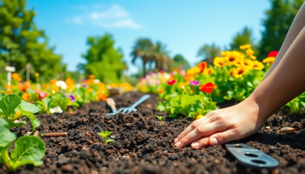 Gardening hands planting seeds in rich soil with vibrant vegetables and flowers