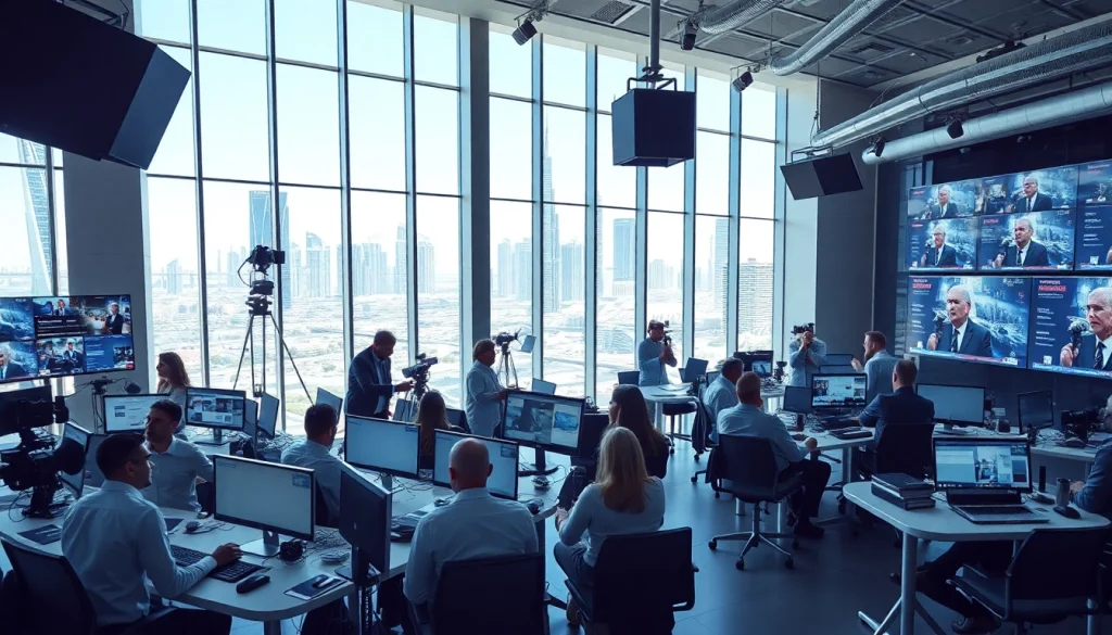 PulseTimes.ae newsroom in Dubai, showcasing vibrant media activity and modern architecture.