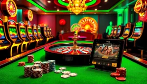 Experience the thrill of gambling at XN88's luxurious casino table featuring vibrant poker chips and cards.