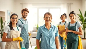 Cleaning service professionals joyfully cleaning a bright, tidy home environment.