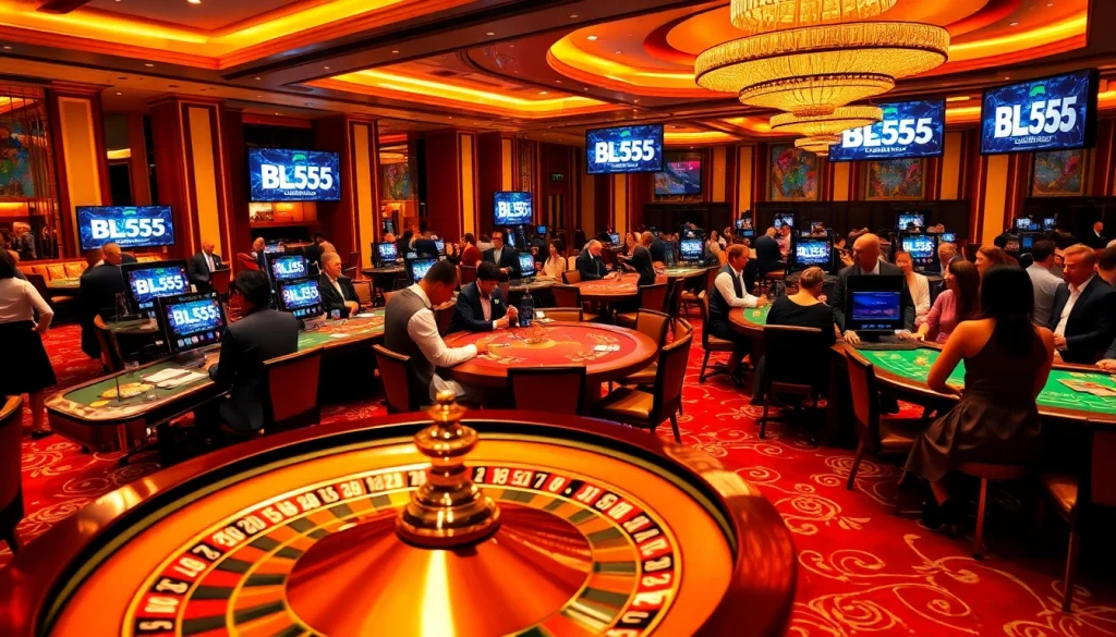 BL555 casino excitement with engaging players at roulette, cards, and chips.