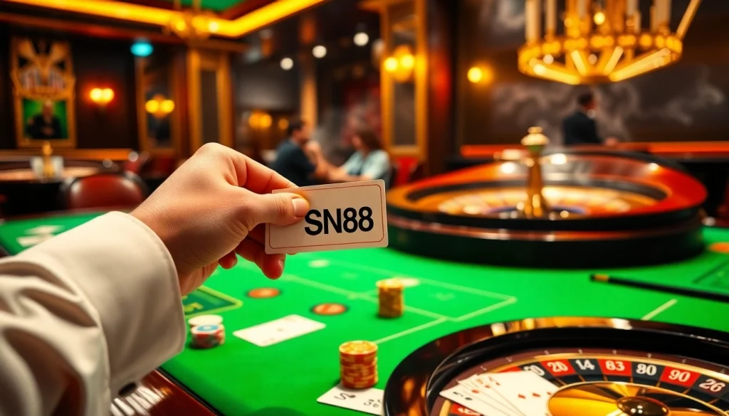 Experience the thrill of betting on SN888 at a vibrant casino table with colorful chips and cards.