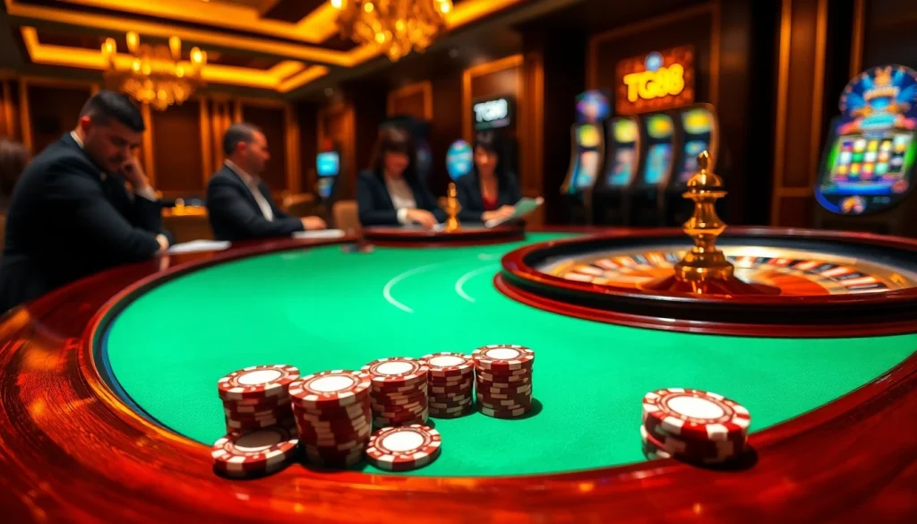 Players strategizing their next move at a TG88 casino poker table with colorful chips and roulette wheel.