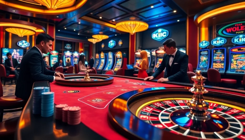 KJC casino gaming experience showcasing poker tables, roulette wheels, and luxury slot machines.
