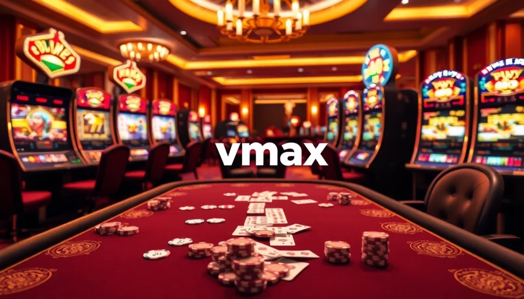 Experience thrilling gameplay at VMAX casino with rich poker tables, vibrant slot machines, and exciting gaming atmospheres.
