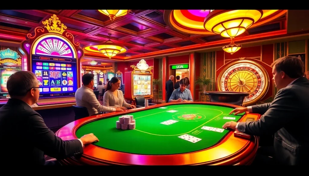 Experience the thrilling atmosphere of nohu90 with a vibrant casino scene featuring poker tables, slot machines, and roulette wheels.