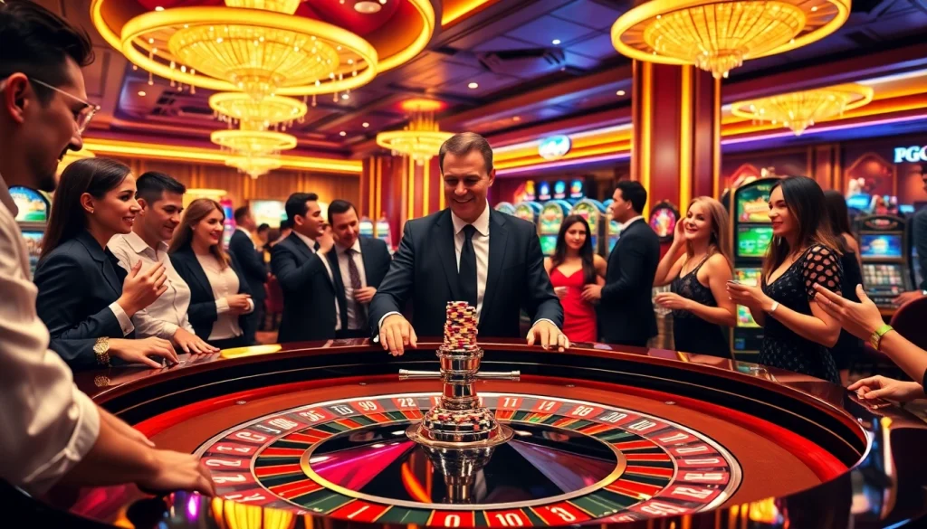 Experience the excitement at PG66 as players celebrate wins at a vibrant roulette table in a luxurious casino setting.