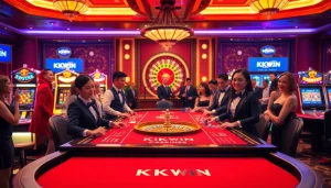 Experience the thrill of gaming at KKWin's luxurious casino tables with dazzling slot machines.