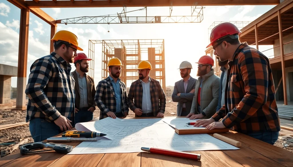Construction association north carolina team discussing blueprints at a building site.
