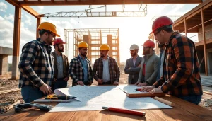 Construction association north carolina team discussing blueprints at a building site.