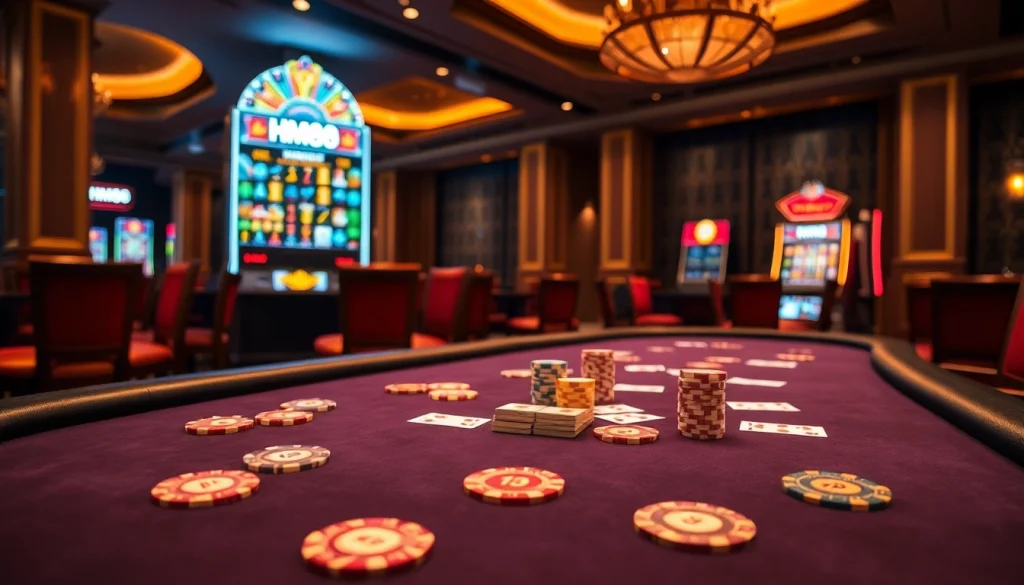 HM88 gaming scene with a stylish poker table and vibrant slot machines creating an engaging atmosphere.