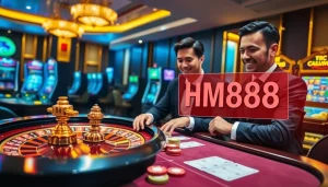 Experience the thrilling atmosphere of a casino featuring HM88 digital betting interfaces and vibrant slot machines.