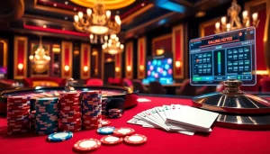 Experience thrilling gameplay at https://mb66-t.com/ with vibrant poker chips and cards on a luxury casino table.