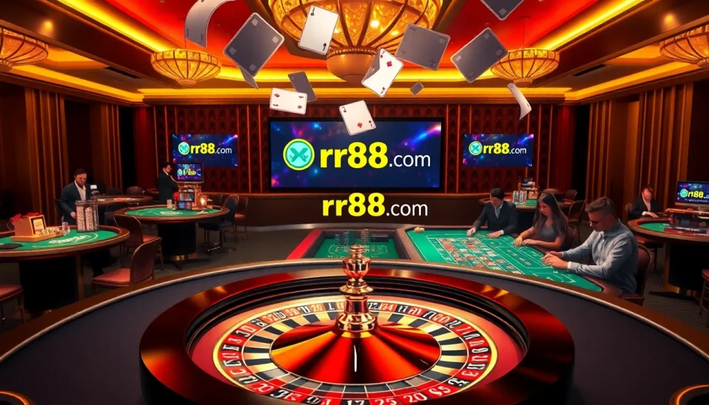 An engaging gambling scene showcasing players at the roulette and card tables at rr88.com casino.