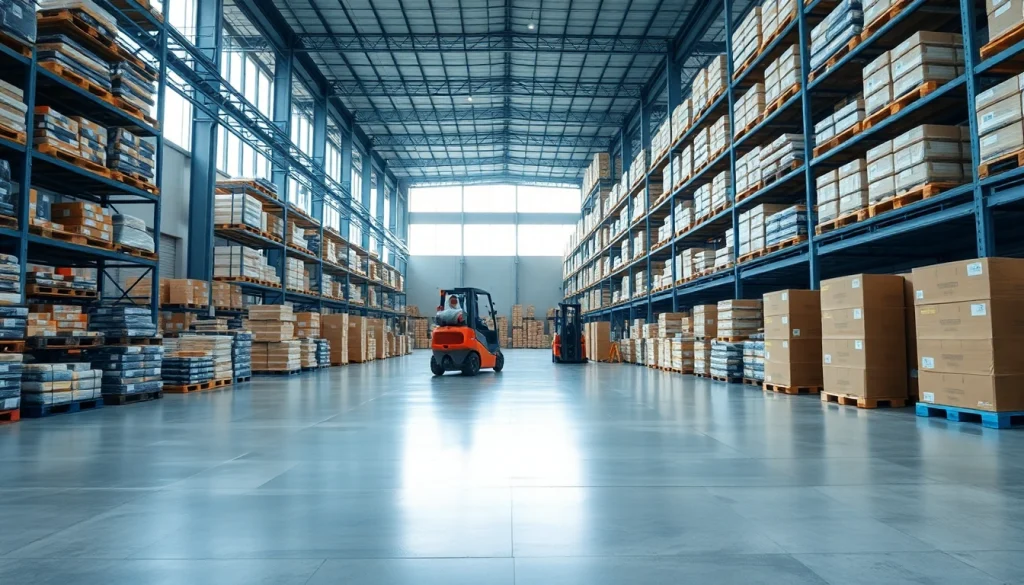 Efficient warehousing operation in a spacious facility with stacked goods and dynamic staff.