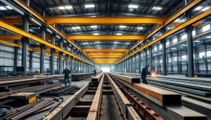 Workers engaged in structural steel fabrication with tools and steel beams in a busy workshop.