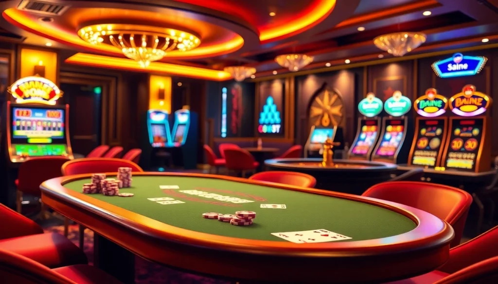 ZB368 casino scene displaying a luxurious poker table and vibrant slot machines