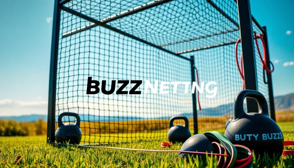 Logo de buzznetting.fr sur une cage crossfit en plein air, symbolisant la force et la fitness.