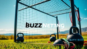 Logo de buzznetting.fr sur une cage crossfit en plein air, symbolisant la force et la fitness.