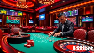 Experience the thrill of gambling with 188bet's luxurious casino setup featuring a vibrant poker game.