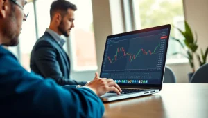 Engaged trader using hotforex mt4 on a laptop in a modern office setting.