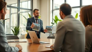 Real Estate agent engaging with buyers in a bright modern office setting, showcasing property options.