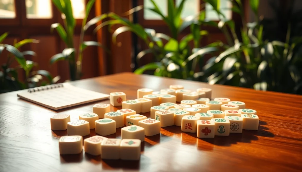 Bermain mahjong dengan set ubin berwarna-warni di meja kayu, dikelilingi suasana santai.