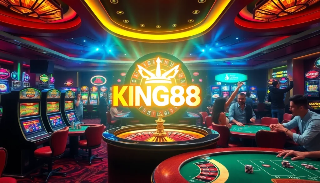 Exciting casino atmosphere with the KING88 logo featuring vibrant roulette and slot machines.