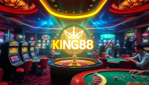 Exciting casino atmosphere with the KING88 logo featuring vibrant roulette and slot machines.