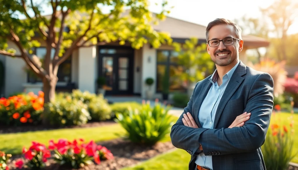 Showcasing a real estate agent presenting a modern home in a sunny garden setting.