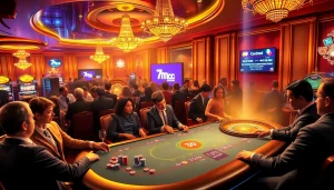 Engaging casino scene with players at a poker table, showcasing 7m cn excitement and luxury.