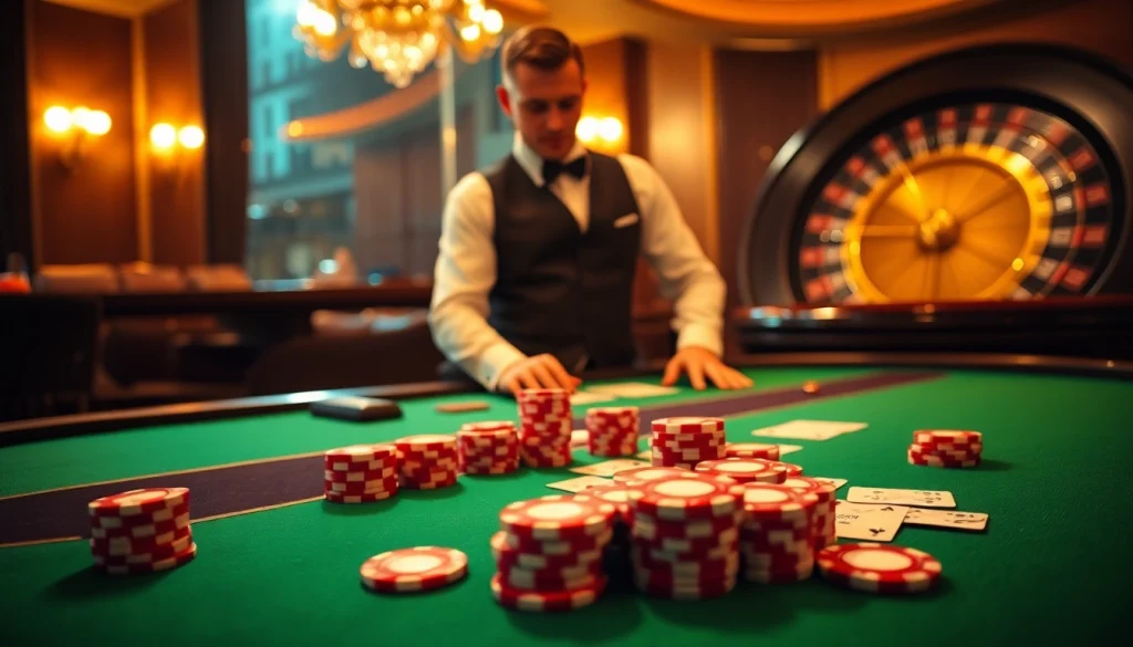 Experience the thrill of high-stakes gaming at 22JL casino, featuring poker tables and roulette wheels.