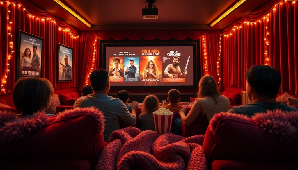 Cozy home theater scene with family enjoying films, featuring plush seating and ambient lighting.