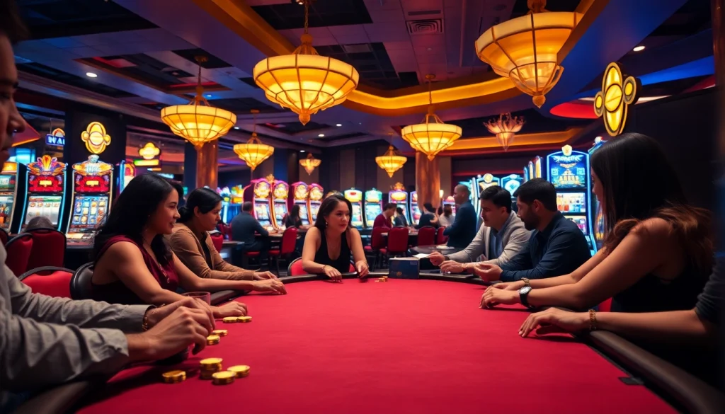 Join the excitement at https://casinodeets.com with lively casino gaming scenes filled with players and vibrant slot machines.