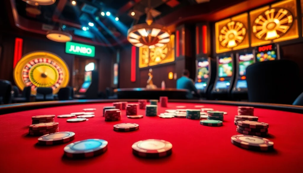 Witness thrilling betting action at https://jun88buzz.info/ with poker chips and cards on a luxurious betting table.