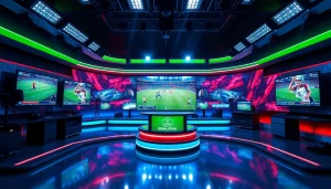 Watch Diema Sport online free with dynamic broadcasting visuals showcasing exciting sports events in a modern studio.