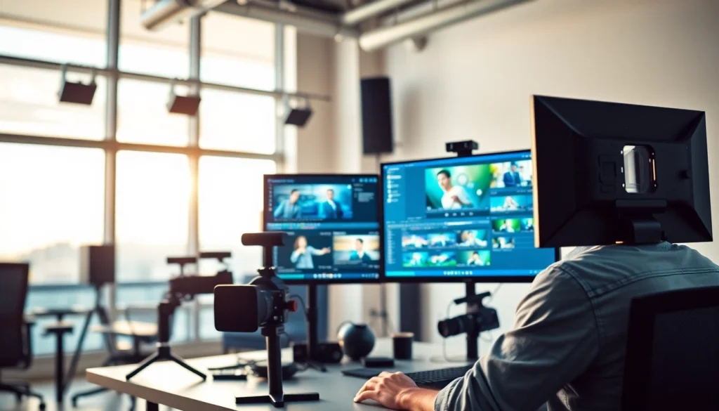 Professional video editors working diligently in a modern editing suite.