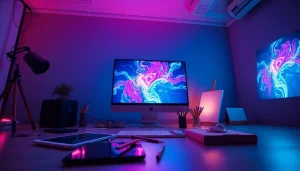 Artist creating vibrant art using porn ai technology in a modern studio.