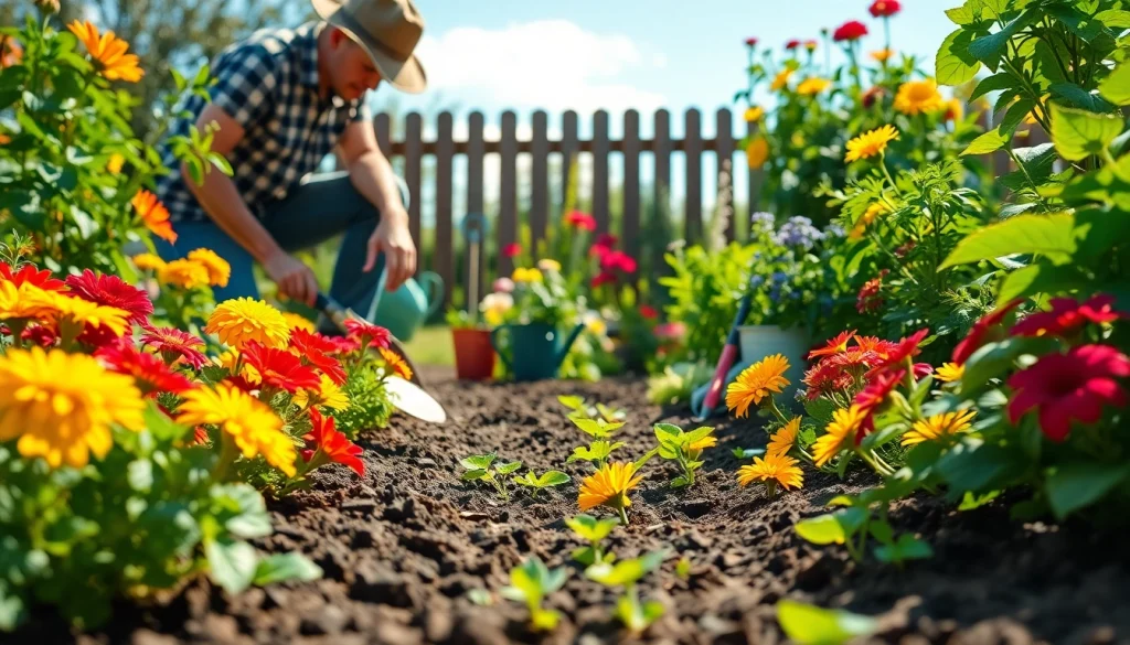 Gardening enthusiast planting seedlings in a colorful, vibrant garden filled with flowers and vegetables.