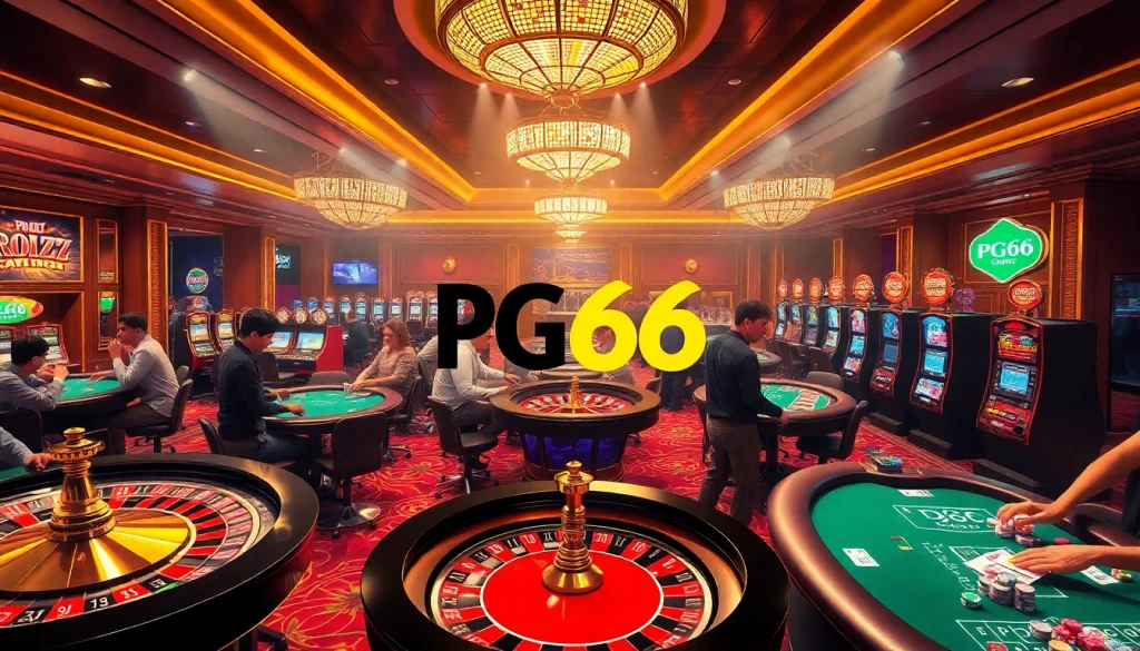 Engaging PG66 casino scene with vibrant games, players, and excitement around roulette and slots.