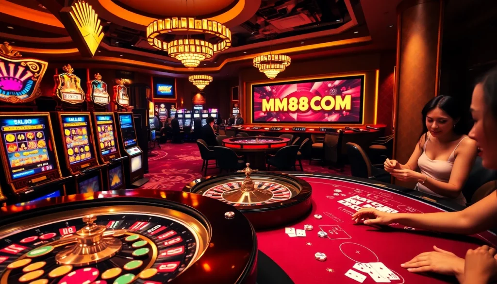 Engage in thrilling gameplay at MM88COM with dynamic casino visuals featuring vibrant gaming elements.