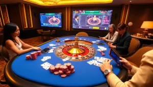 Players engaging in intense betting excitement at NOHU90, with poker chips and a roulette wheel highlighting the thrill of online gambling.