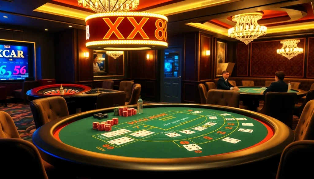 XX88 baccarat table featuring vibrant chips and cards in a luxurious casino setting.