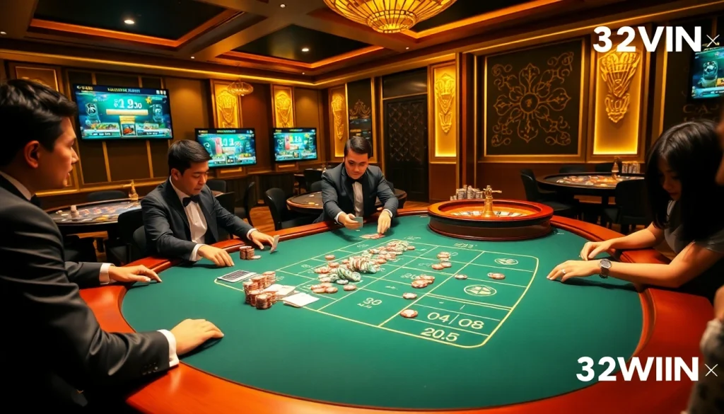 Engaging scene of players at Nhà Cái 32WIN casino table enjoying an exhilarating game.