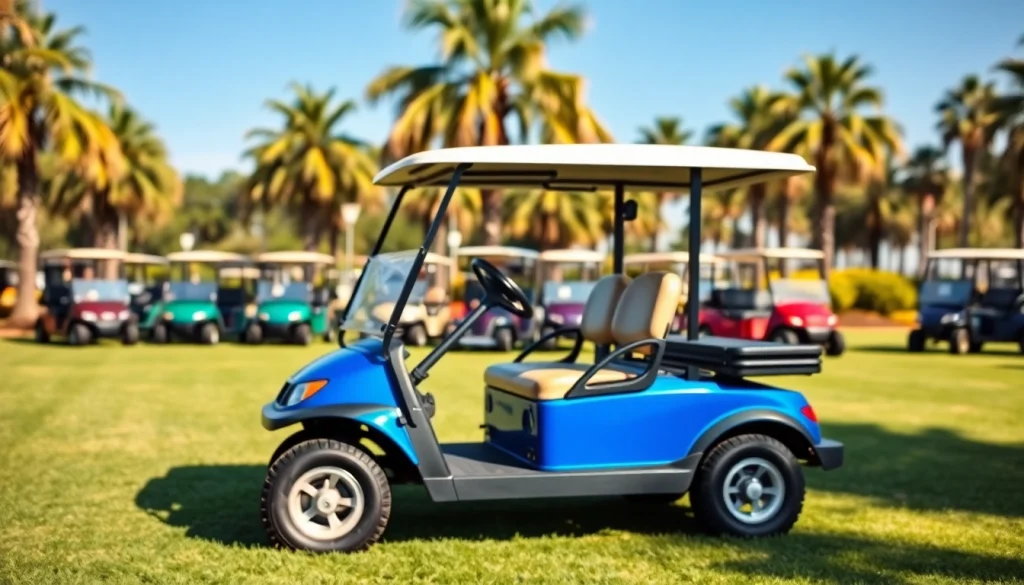 Shop for golf carts for sale Bakersfield, featuring a vibrant selection of models in a sunny park.