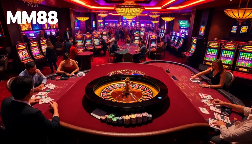 Exciting gambling scene at Trang chủ MM88 with vibrant casino tables, roulette wheels, and enthusiastic players.