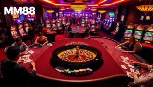 Exciting gambling scene at Trang chủ MM88 with vibrant casino tables, roulette wheels, and enthusiastic players.