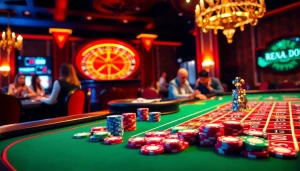 Players enjoying table games at a luxurious casino with vibrant elements from https://rr88.pizza/.